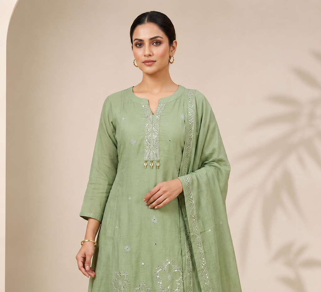 Mulchanderi Pista Green Suit
