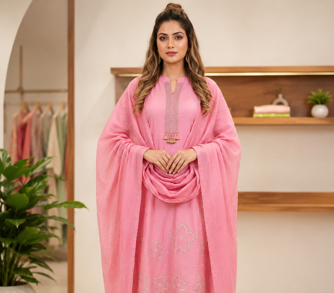 Mulchanderi Pista Pink Suit